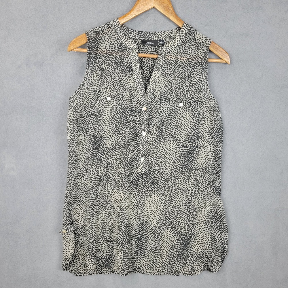 APT.9 Blouse Top Women's Small White Black Leopard Print Pockets‎ Split Neck